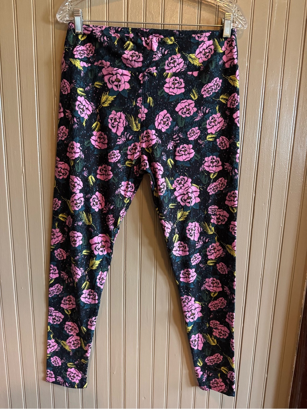 LuLaRoe Pink Floral Leggings on Black